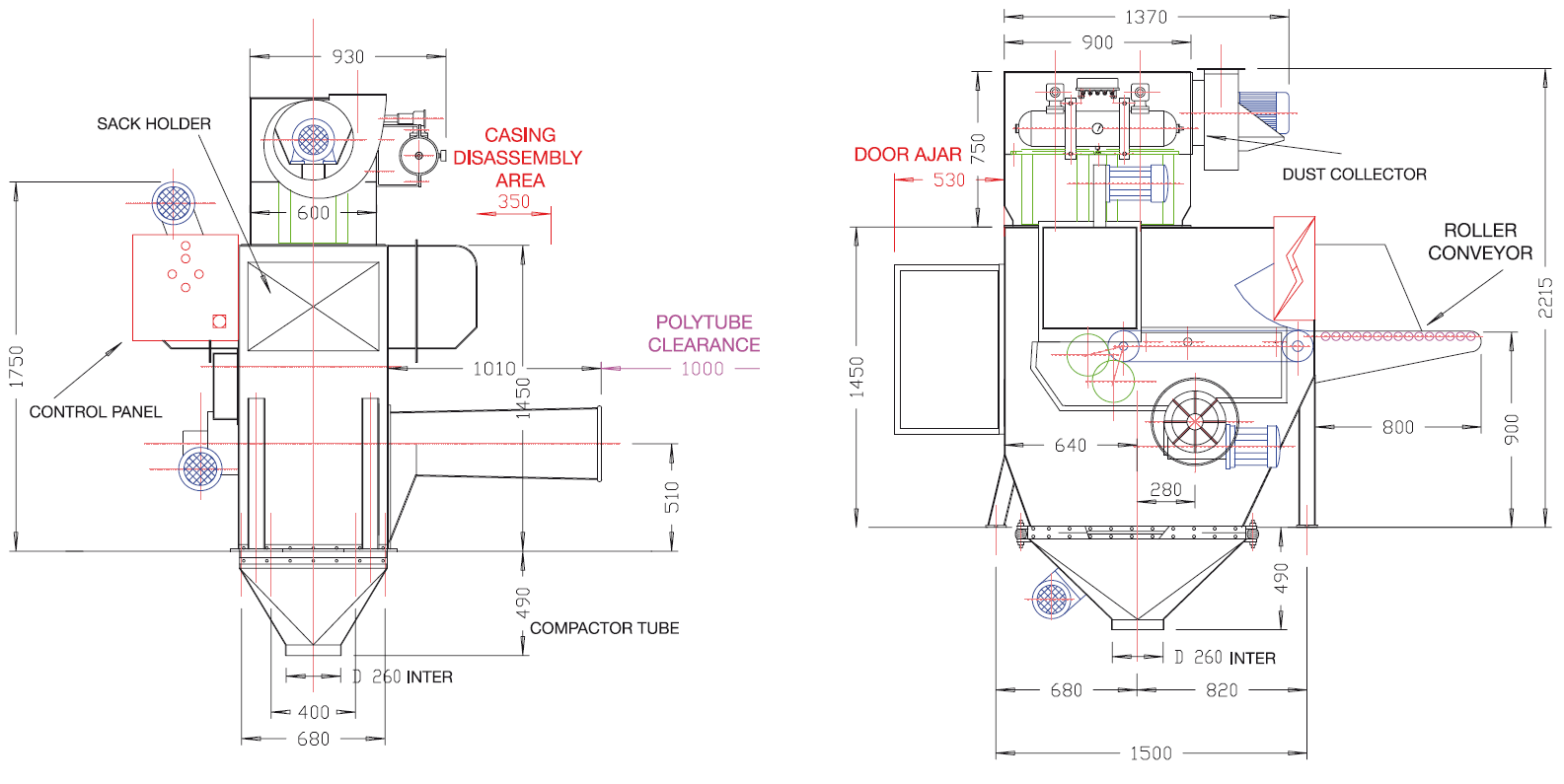 automatic sacks opening unit dimensions